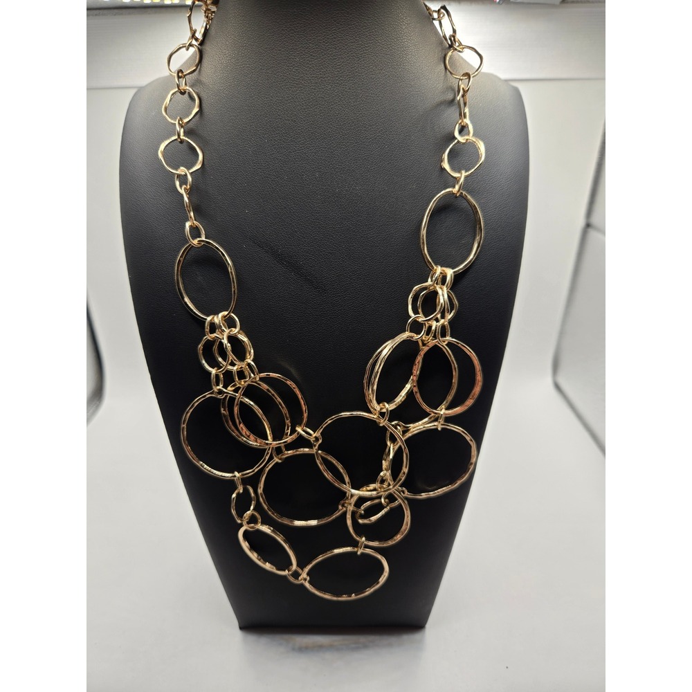 Chico's Gold Tone Hammered Interlocking Ring Bib Statement Necklace
